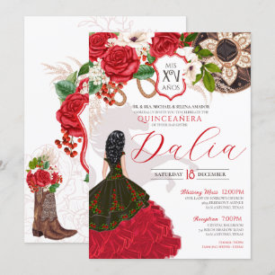 Charro Quinceañera Rote Rose Western Princess Gown Einladung