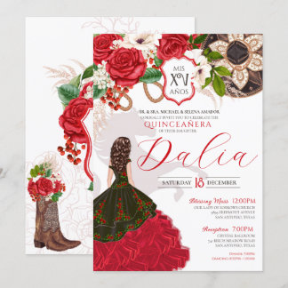 Charro Quinceañera Rote Rose Western Thema Einladung