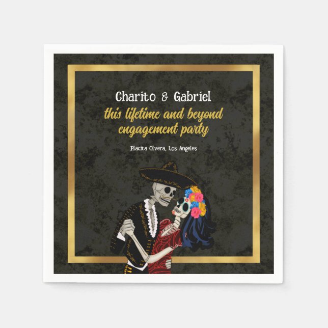 Charro und Catrina Sugar Skulls Black Serviette (Vorderseite)