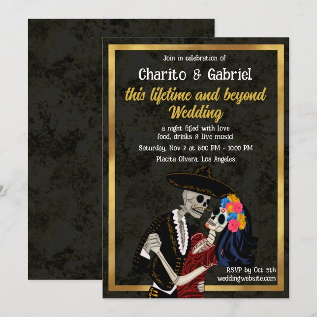 Charro und Catrina Sugar Skulls tanzen Hochzeit Einladung (Vorne/Hinten)
