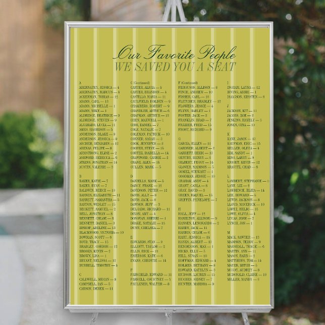 Chartreuse Alphabetical Wedding Seating Chart Poster (Chartreuse Alphabetical Wedding Seating Chart)