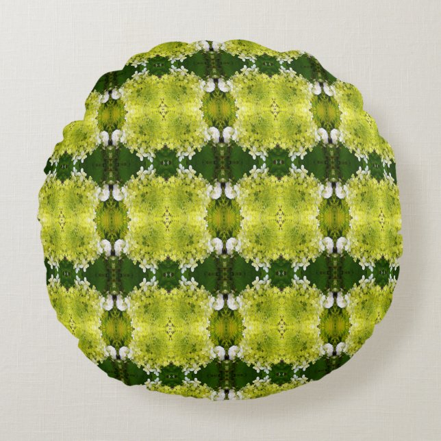 Chartreuse Green Abstrakt Hydrangea Blooms Muster Rundes Kissen (Vorderseite)