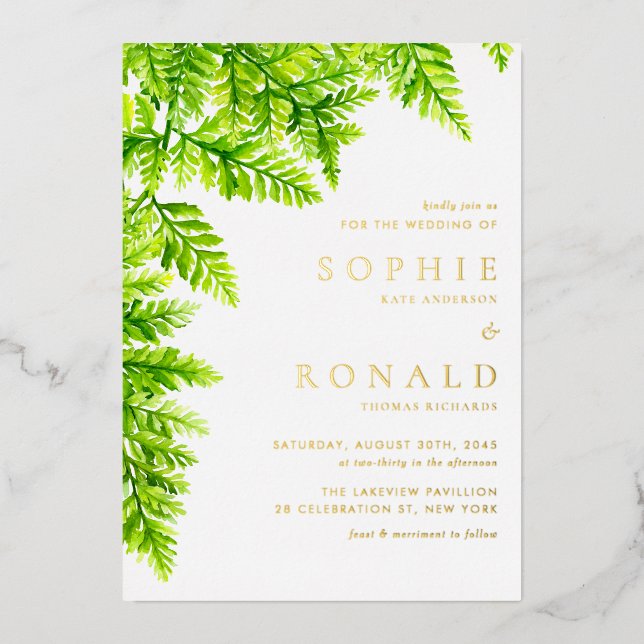 Chartreuse Green Fern Blätter Woodland Wedding Folieneinladung (Vorderseite)