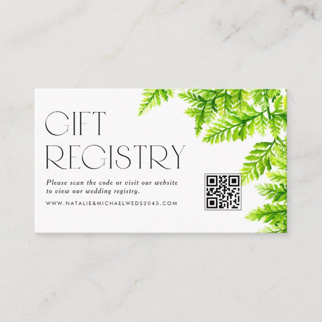 Chartreuse Green Ferns QR Code Wedding Registry Begleitkarte (Vorderseite)