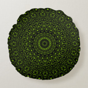Chartreuse-grüner Mandala mit kühner Symmetrie Rundes Kissen