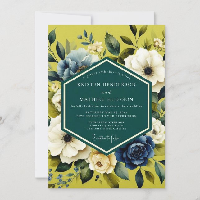 Chartreuse Indigo Bloom Wedding Einladung (Vorderseite)