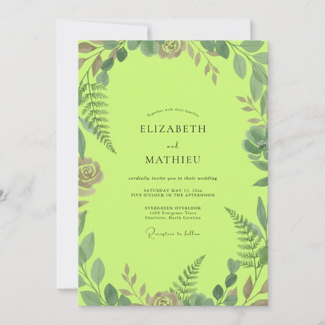Chartreuse Laub Eukalyptus Hochzeit Einladung (Vorderseite)