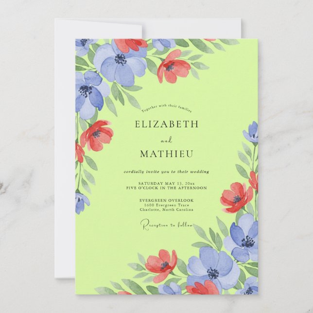 Chartreuse Periwinkle Mohnblumen-Hochzeit Einladung (Vorderseite)