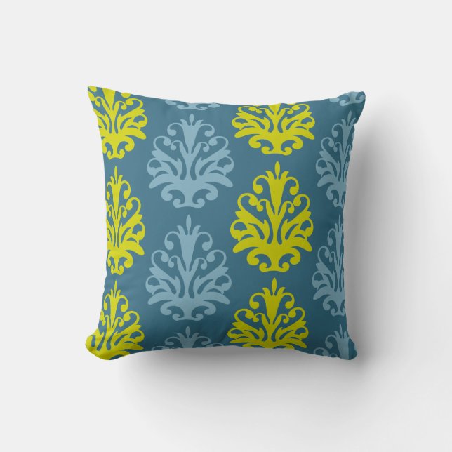 Chartreuse-Schieferblau-aquamariner Damast Kissen (Vorderseite)