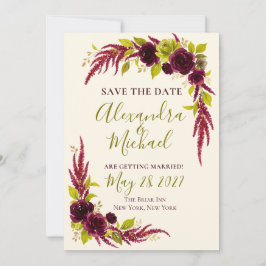 Chartreuse- und Burgunder-Blumen-Save-the-Date-Kar Einladung