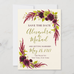 Chartreuse- und Burgunder-Blumen-Save-the-Date-Kar Einladung
