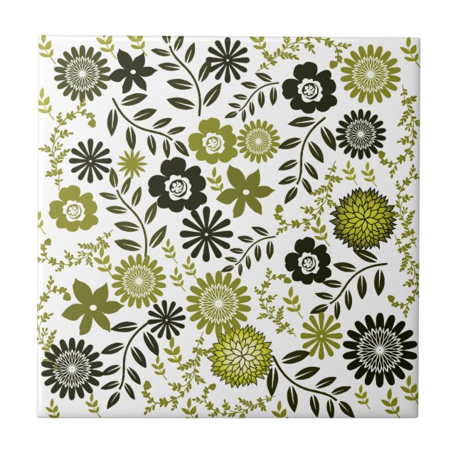 Chartreuse und dunkelolivgrüne Blumenmuster Fliese (Vorderseite)