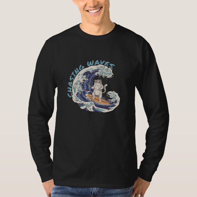 Chasing Waves Surfing Cat Cool Surfer Beach  1 T-Shirt (Vorderseite)