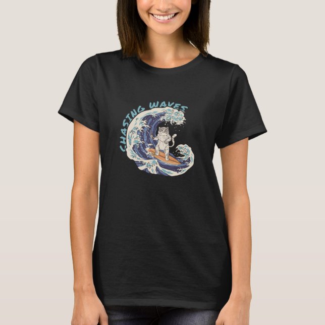 Chasing Waves Surfing Cat Cool Surfer Beach  1 T-Shirt (Vorderseite)