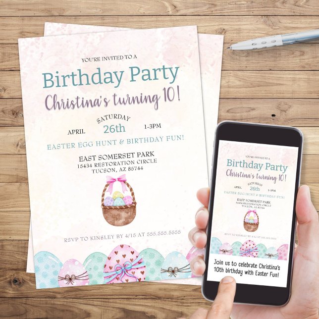 Chasse aux oeufs de Pâques mignonne Invitation à l (cute easter egg hunt theme birthday party invitation for boy or girl with cute watercolor basket)