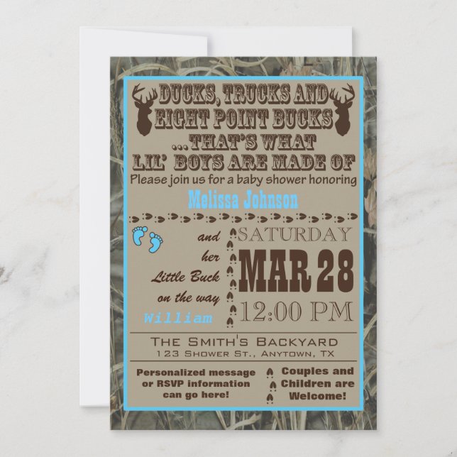 Chasse Bleue Camo Baby Boy Shower Invitations (Devant)