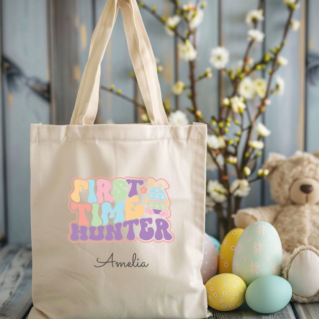 Chasse pour la première fois Chasse Sac fourre-tou (Cute First Time Hunter 1st Easter Egg Hunt Tote Bag, Bunny Ears, Retro Pastel Personalized, Colorful)