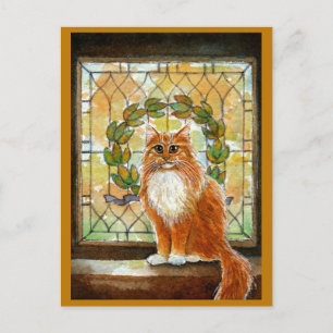 Chat au gingembre avec carte postale en vitrail vi