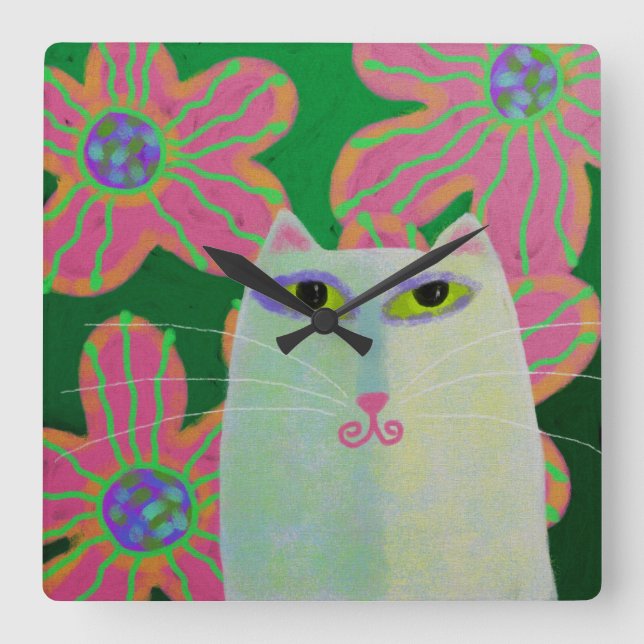 Chat avec Fleurs Abstrait Art Carré Horloge murale (Recto)