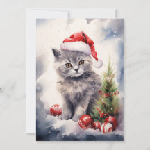 Chat avec la carte de Noël de Santa Hat