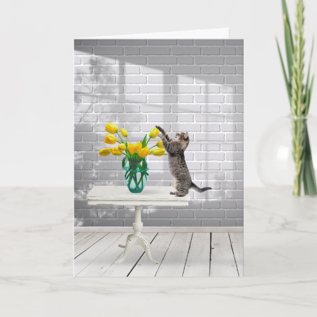 Chat avec les tulipes jaunes Carte de fête des mèr (Devant)