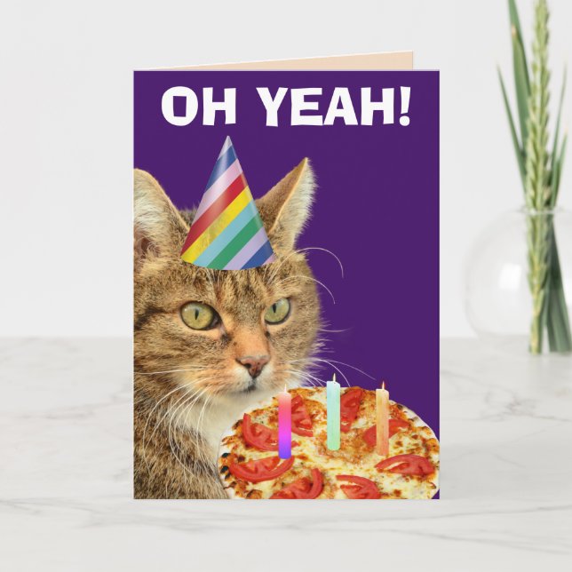 CHAT AVEC PIZZA AMUSANTE CARTES DE SALUT D'ANNIVER (Devant)