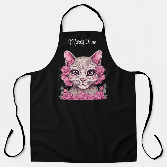 Chat avec roses roses roses Personnalisé tablier p (Recto)