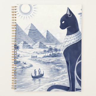 Chat Bastet égyptien antique et Pyramides Bleu 