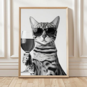 Chat Bengal buvant du vin, décoration murale, noir