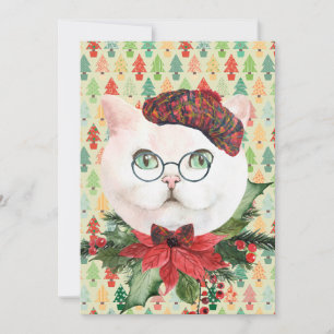 Chat blanc fantaisie et carte de vacances Poinsett