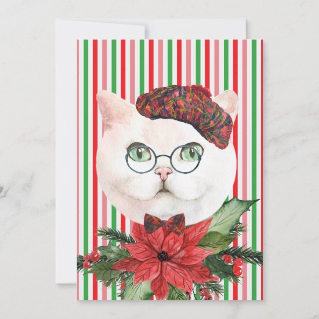 Chat blanc fantaisie et carte de vacances Poinsett (Devant)