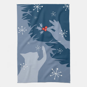 Chat blanc & Holly, bleu nuit, serviette de thé