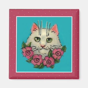 Chat blanc mignon, aimant rose roses
