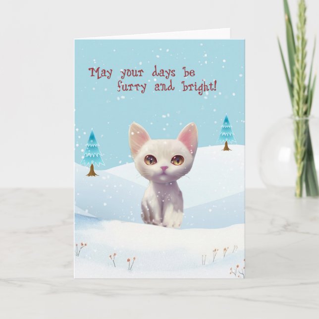 Chat blanc mignon dans la carte de Noël neige (Devant)
