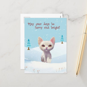 Chat blanc mignon en Carte postale Noël Neige