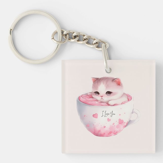 Chat blanc-rose mignonne dans une tasse de thé (3) (Devant)