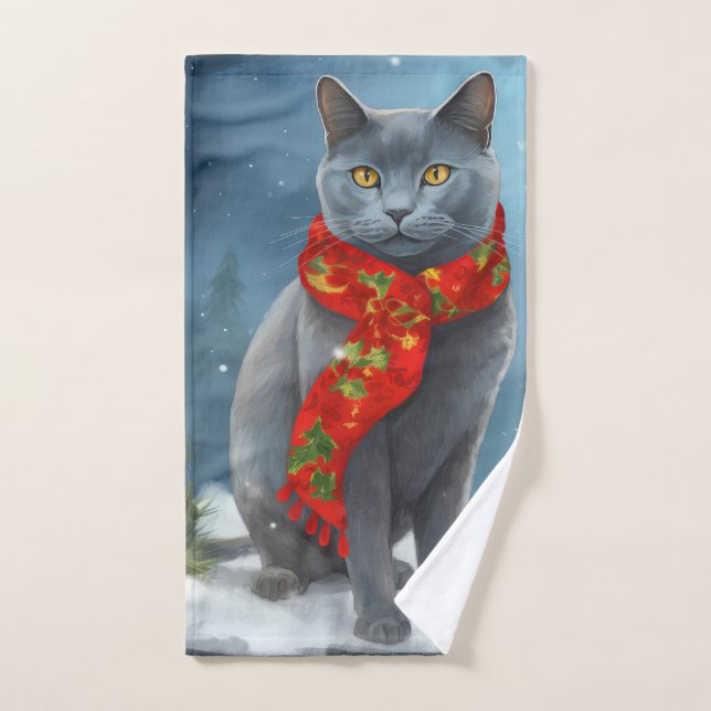 Chat bleu russe à Noël de neige (Serviette à main)