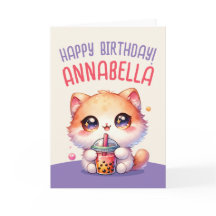 Chat Boire Boba Cute Bubble Tea Carte Anniversaire