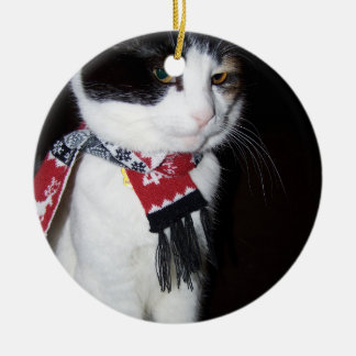 Chat calicot portant un ornement de vacances en éc
