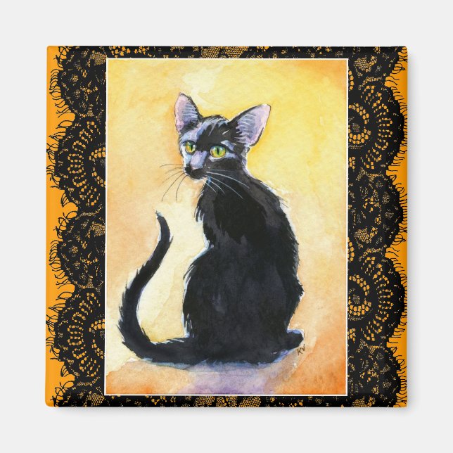chat chaton noir, dentelle, aimant orange (Devant)