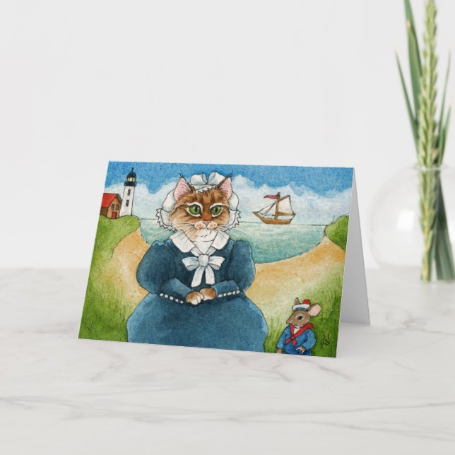 Chat, chaton, souris, phare, carte d'art populaire (Devant)