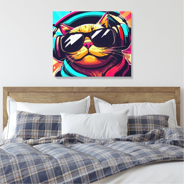 chat cool portant des écouteurs impression d'art (Insitu(Chambre))