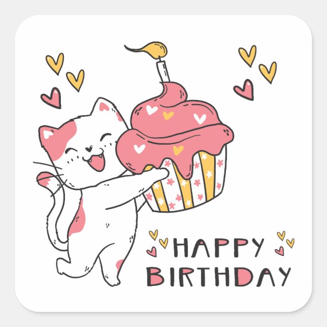 Chat Cute Kawaii avec Sticker Carré de cupcake (Devant)