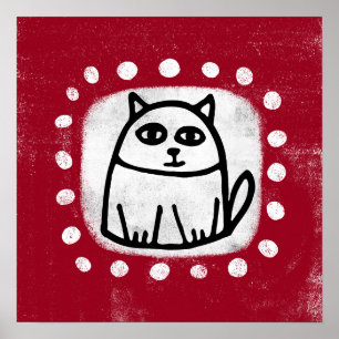 Chat Cute Sur Poster Rouge Art Mur