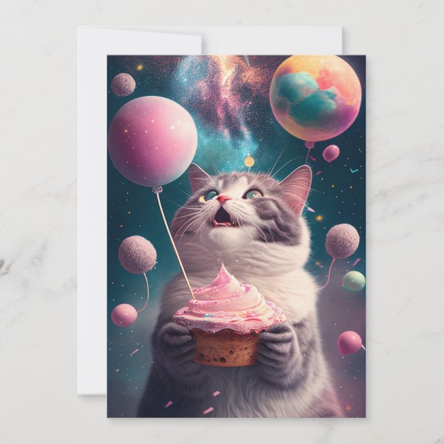 Chat d'anniversaire dans l'espace carte de voeux (Devant)