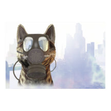 Chat dans un masque à gaz affiche écologie
