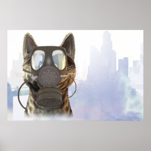 Chat dans un masque à gaz affiche écologie