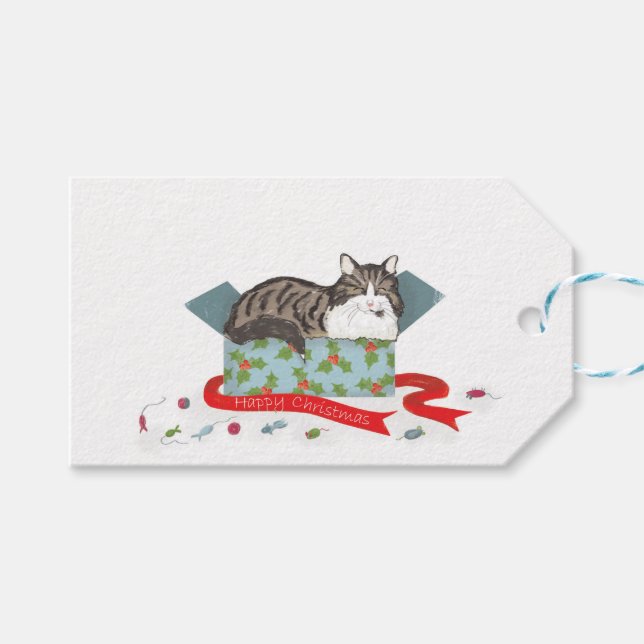 Chat dans une boîte étiquettes cadeaux de Noël (Devant (Horizontal))