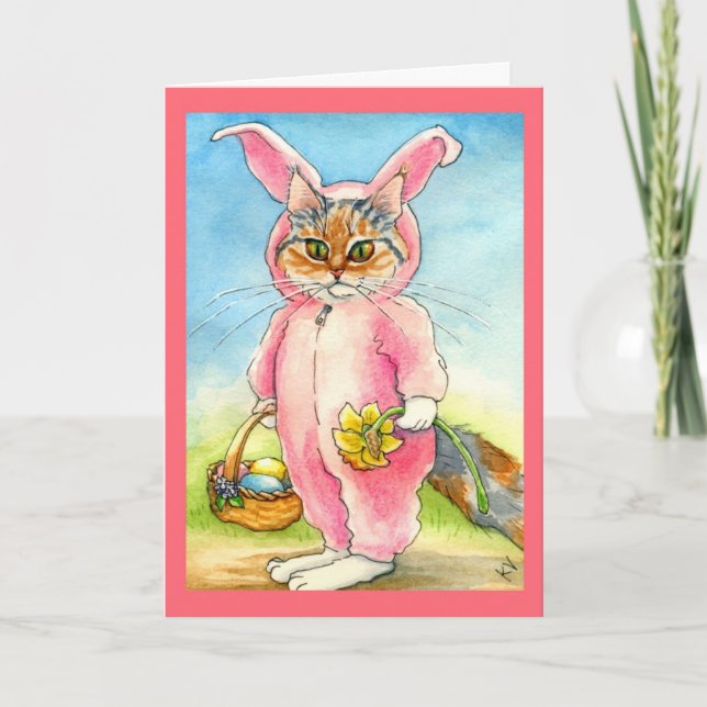 Chat dans une carte de Pâques de costume de lapin (Devant)