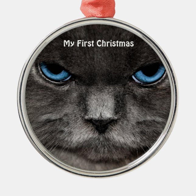 Chat d'argent Mon premier ornement photo de Noël (Devant)